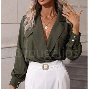Army Green Bodysuit V-Neck Surplice Long Sleeve Buttoned Pockets